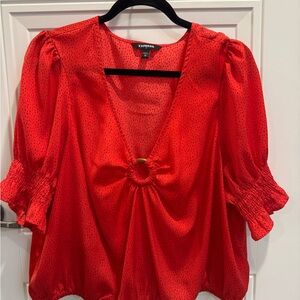 Express Red Smocked Puff Sleeve Blouse